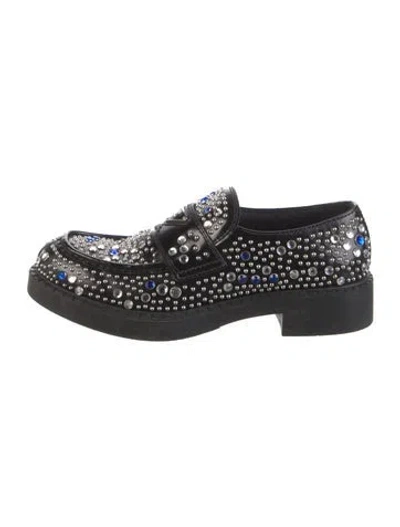 Pre-owned Prada Leather Crystal Embellishments Dress Loafers In Black