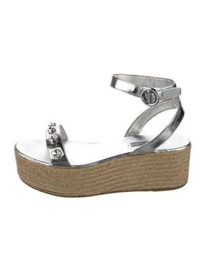 Pre-owned Prada Leather Crystal Embellishments Espadrilles In Silver