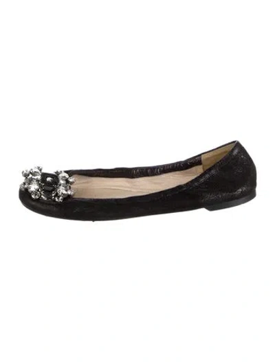 Pre-owned Prada Leather Crystal Embellishments Flats In Black