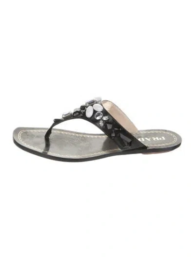 Pre-owned Prada Leather Crystal Embellishments Flip Flops In Black