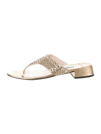 Pre-owned Prada Leather Crystal Embellishments Flip Flops In Gold/metallic