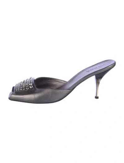 Pre-owned Prada Leather Crystal Embellishments Mules In Black