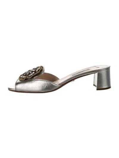 Pre-owned Prada Leather Crystal Embellishments Mules In Silver