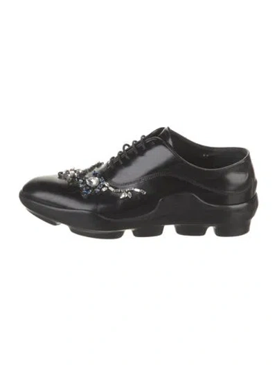 Pre-owned Prada Leather Crystal Embellishments Oxfords In Black