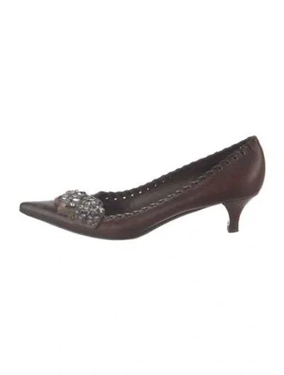 Pre-owned Prada Leather Crystal Embellishments Pumps In Brown