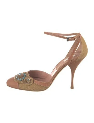 Pre-owned Prada Leather Crystal Embellishments Pumps In Brown/neutrals
