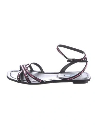 Pre-owned Prada Leather Crystal Embellishments Sandals In Black