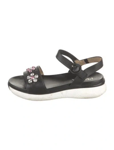 Pre-owned Prada Leather Crystal Embellishments Sandals In Black