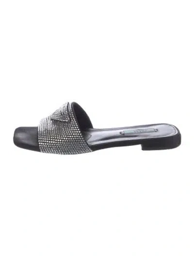 Pre-owned Prada Leather Crystal Embellishments Slides In Black/metallic