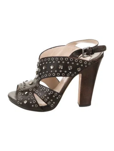 Pre-owned Prada Leather Crystal Embellishments Slingback Pumps In Brown/silver