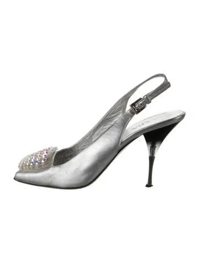 Pre-owned Prada Leather Crystal Embellishments Slingback Pumps In Metallic/silver