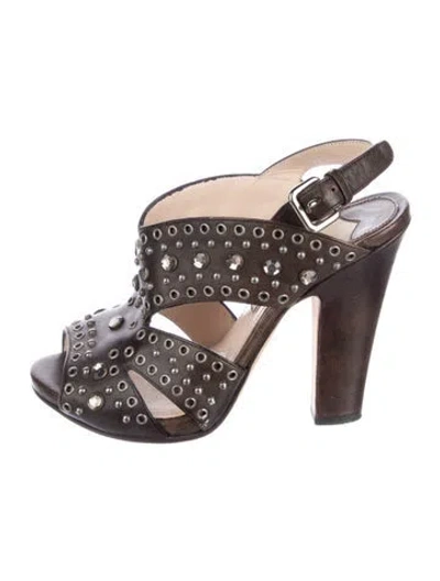 Pre-owned Prada Leather Crystal Embellishments Slingback Sandals In Brown