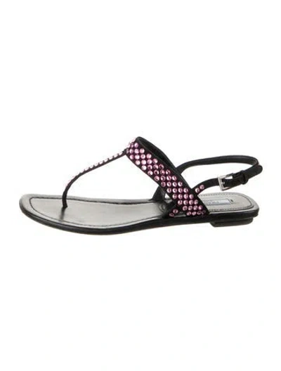 Pre-owned Prada Leather Crystal Embellishments T-strap Sandals In Black