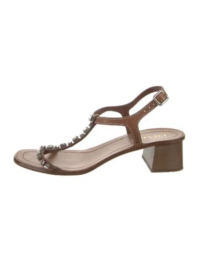 Pre-owned Prada Leather Crystal Embellishments T-strap Sandals In Brown