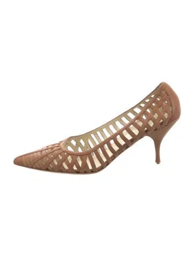 Pre-owned Prada Leather Cutout Accent Pumps In Brown/neutrals