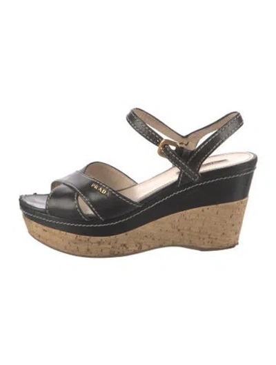 Pre-owned Prada Leather Cutout Accent Slingback Sandals In Black