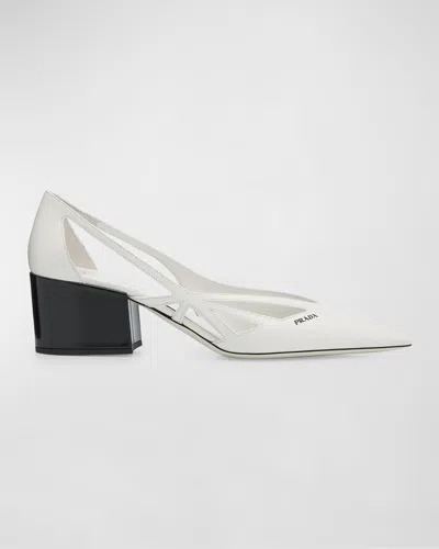 Prada Leather Cutout Block-heel Pumps In White