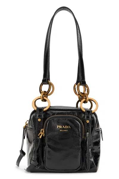 Prada Leather Dangle Ring Shoulder Bag In Black