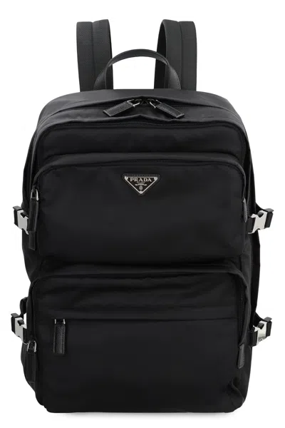 Prada Leather Details Re-nylon Backpack In Black