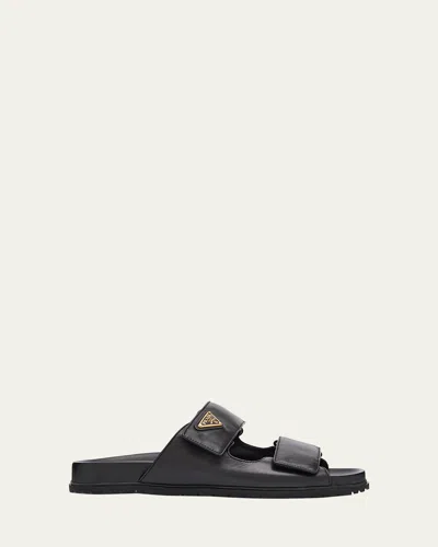 Prada Leather Double-grip Slide Sandals In Black