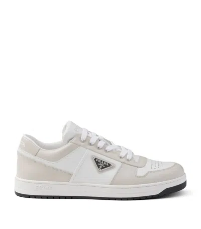 Prada Downtown Logo-plaque Perforated Leather Low-top Trainers In Whitepolve