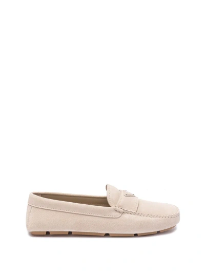 Prada Leather Driving Loafers In Beige