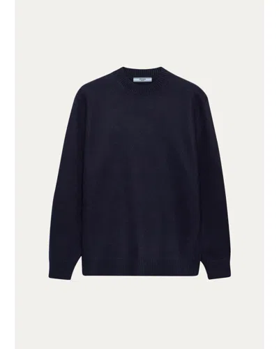 Prada Leather Elbow-patch Wool Crewneck Sweater In Blue