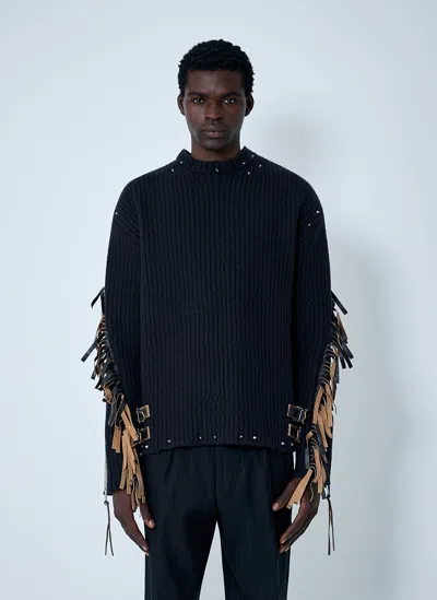 PRADA LEATHER EMBELLISHED WOOL SWEATER