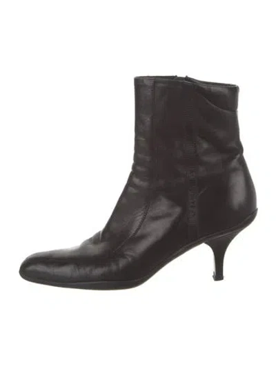 Pre-owned Prada Leather Embroidered Accent Boots In Black