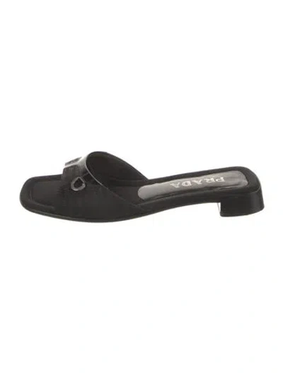 Pre-owned Prada Leather Embroidered Accent Slides In Black