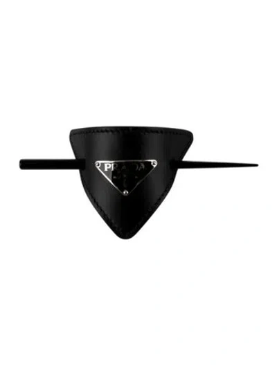 Pre-owned Prada Leather Enameled Logo Hair Clip In Black