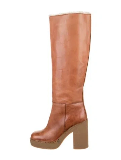 Pre-owned Prada Leather Faux Fur Trim Boots In Brown