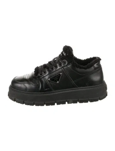 Pre-owned Prada Leather Faux Fur Trim Chunky Sneakers In Black