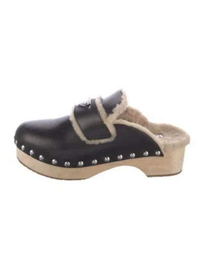 Pre-owned Prada Leather Faux Fur Trim Mules In Black