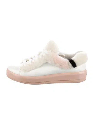 Pre-owned Prada Leather Faux Fur Trim Sneakers In White