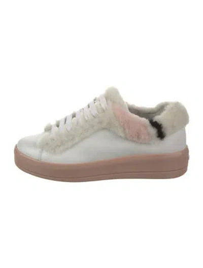 Pre-owned Prada Leather Faux Fur Trim Sneakers In White