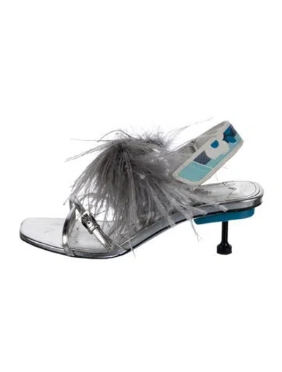 Pre-owned Prada Leather Feather Trim Slingback Sandals