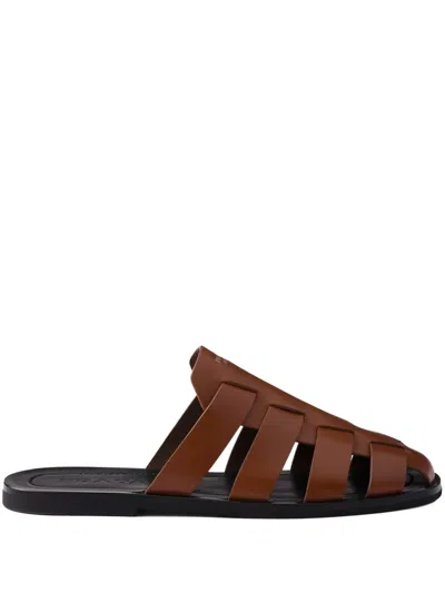 Prada Leather Fisherman Mules In Cognac