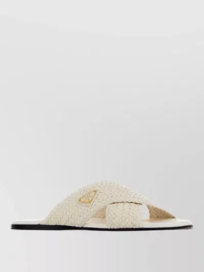 Prada Leather Flat Sandals Open Toe Woven In Neutral
