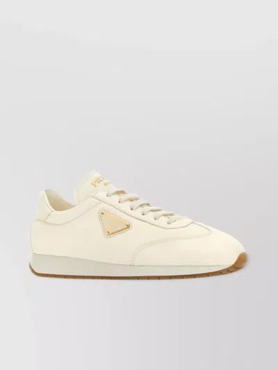 Prada Leather Flat Sole Low-top Sneakers In Gray