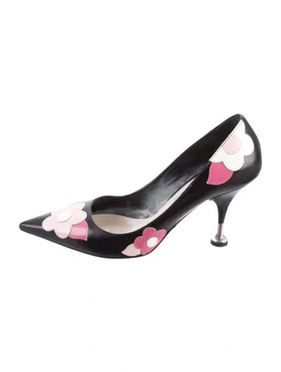 Pre-owned Prada Leather Floral Print Slingback Pumps In Black