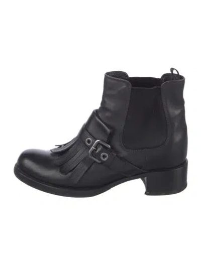 Pre-owned Prada Leather Fringe Trim Accent Boots In Black