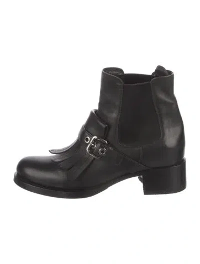 Pre-owned Prada Leather Fringe Trim Accent Chelsea Boots In Black