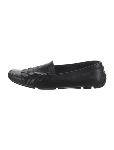 Pre-owned Prada Leather Fringe Trim Accent Loafers In Black
