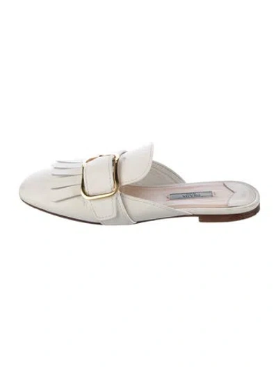 Pre-owned Prada Leather Fringe Trim Accent Mules In White