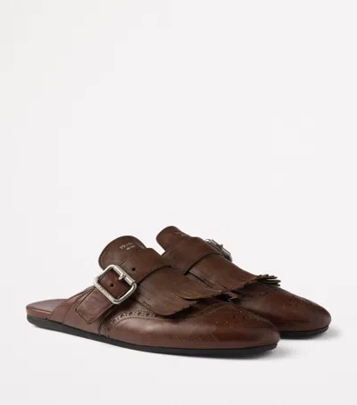 Prada Shuffle Fringed Leather Mules In Brown