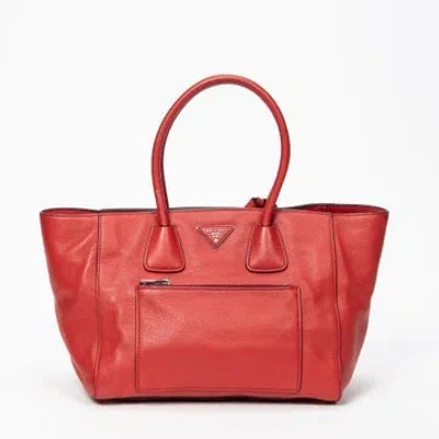 Pre-owned Prada Leather Front Pocket Double Handle Tote In Red