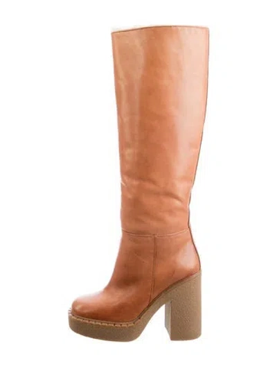 Pre-owned Prada Leather Fur Trim Boots In Brown