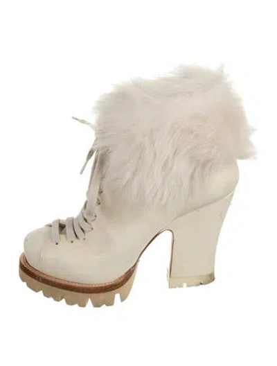 Pre-owned Prada Leather Fur Trim Boots In Neutral