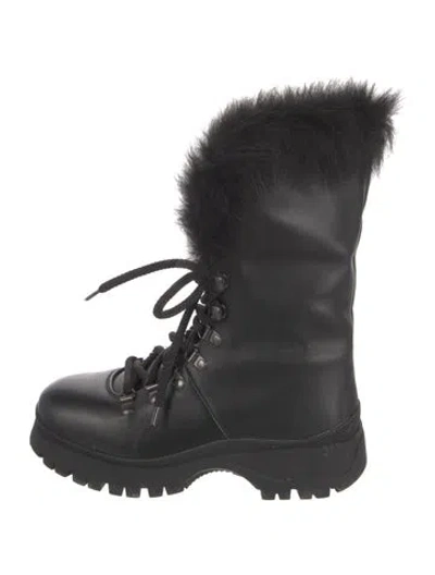 Pre-owned Prada Leather Fur Trim Combat Boots In Black